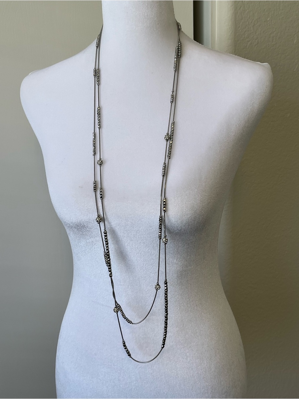 Chico's Silver Beaded MultiStrand Long Necklace 44” Simple Elegant